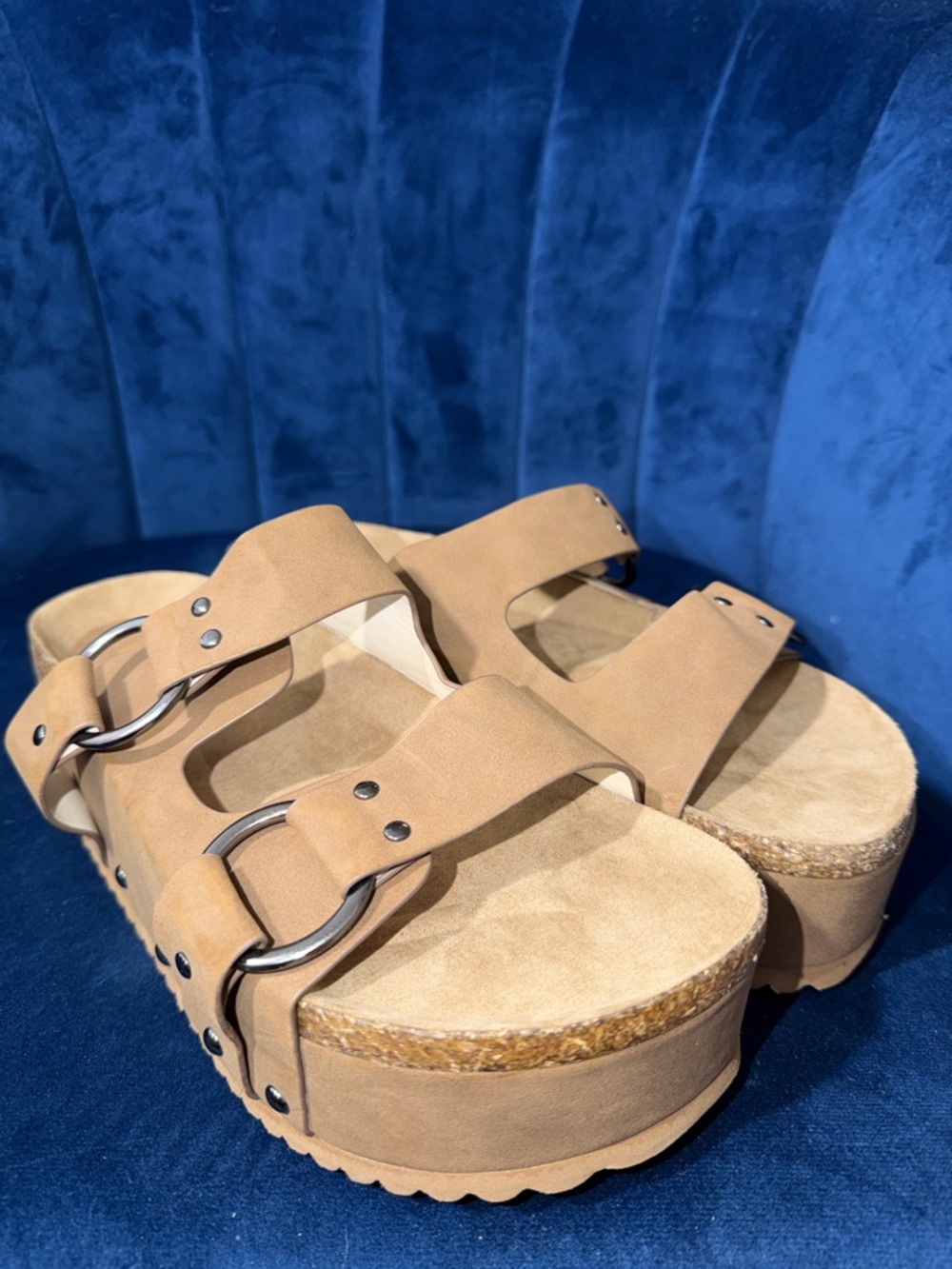 MIA Tan Platform Slide Sandals with Silver Ring Buckles